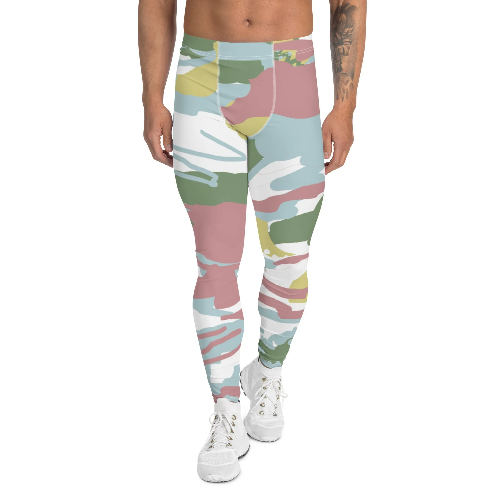 Pink Green Camo Men's Leggings, Camouflaged Military Print Best Designer Men's Leggings - Made in USA/EU/MX