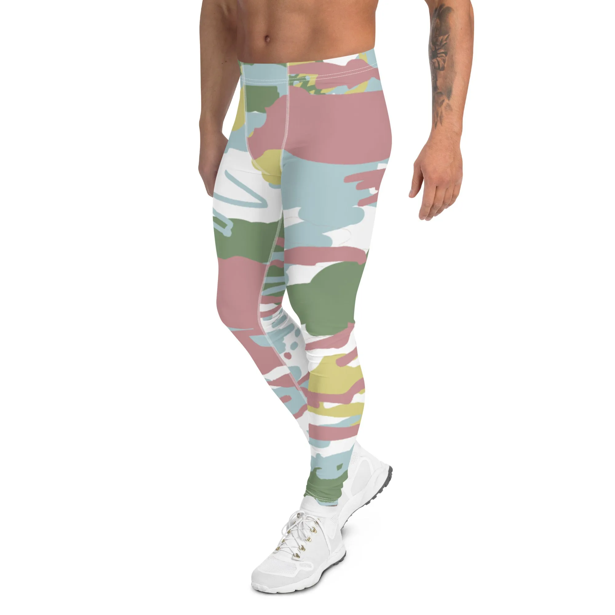 Pink Green Camo Men's Leggings, Camouflaged Military Print Best Designer Men's Leggings - Made in USA/EU/MX