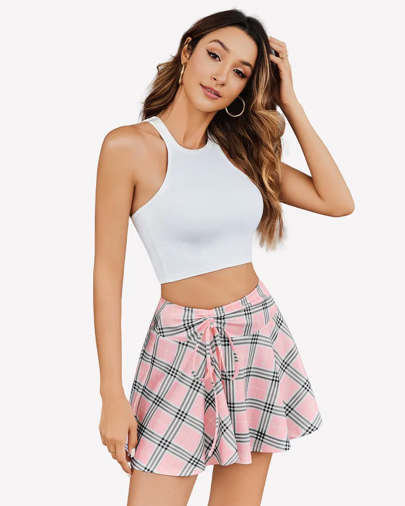 Plaid Mini Skirt Pleated Drawstring Skirts