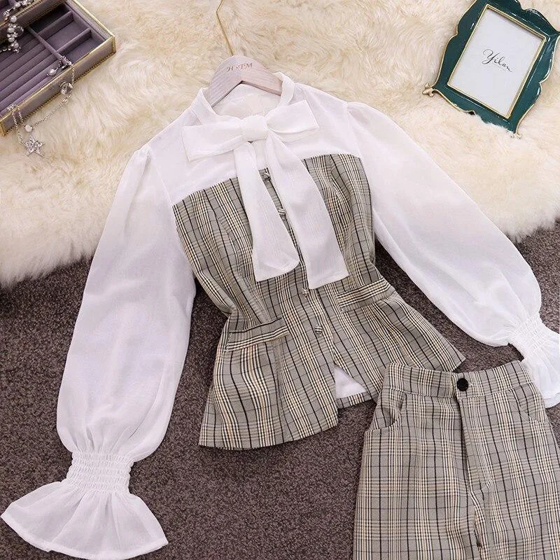 Plaid Patchwork Women's Suit With Flared Pants