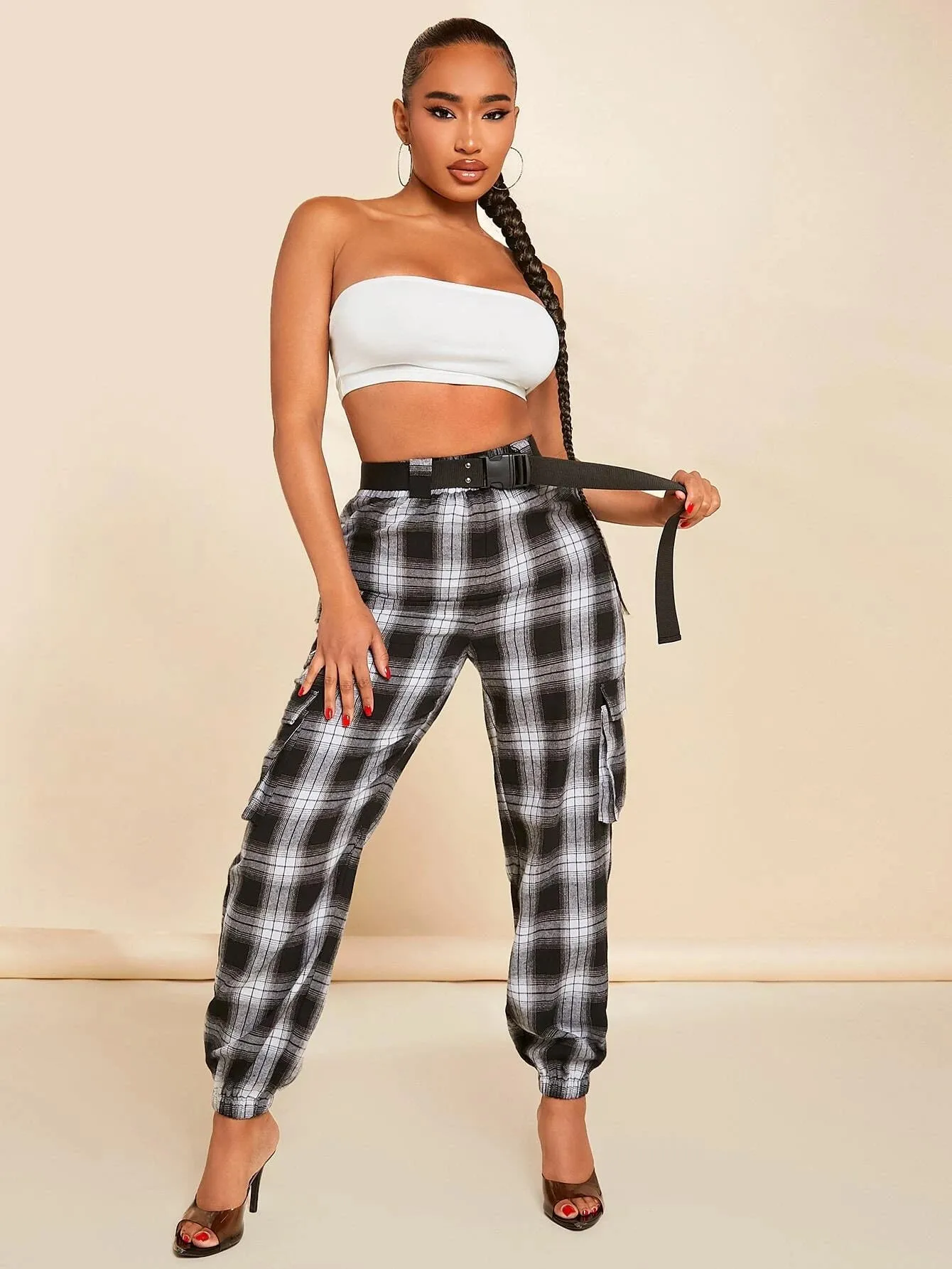 Plaid Print Buckle Belted Cargo Pants