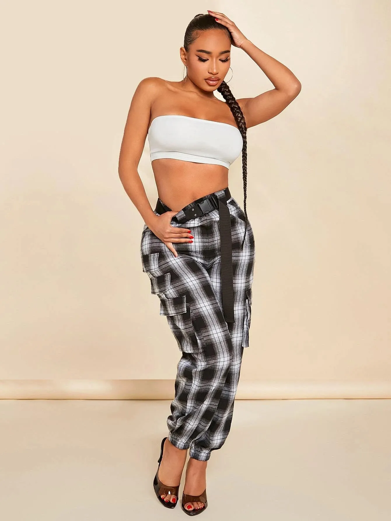 Plaid Print Buckle Belted Cargo Pants