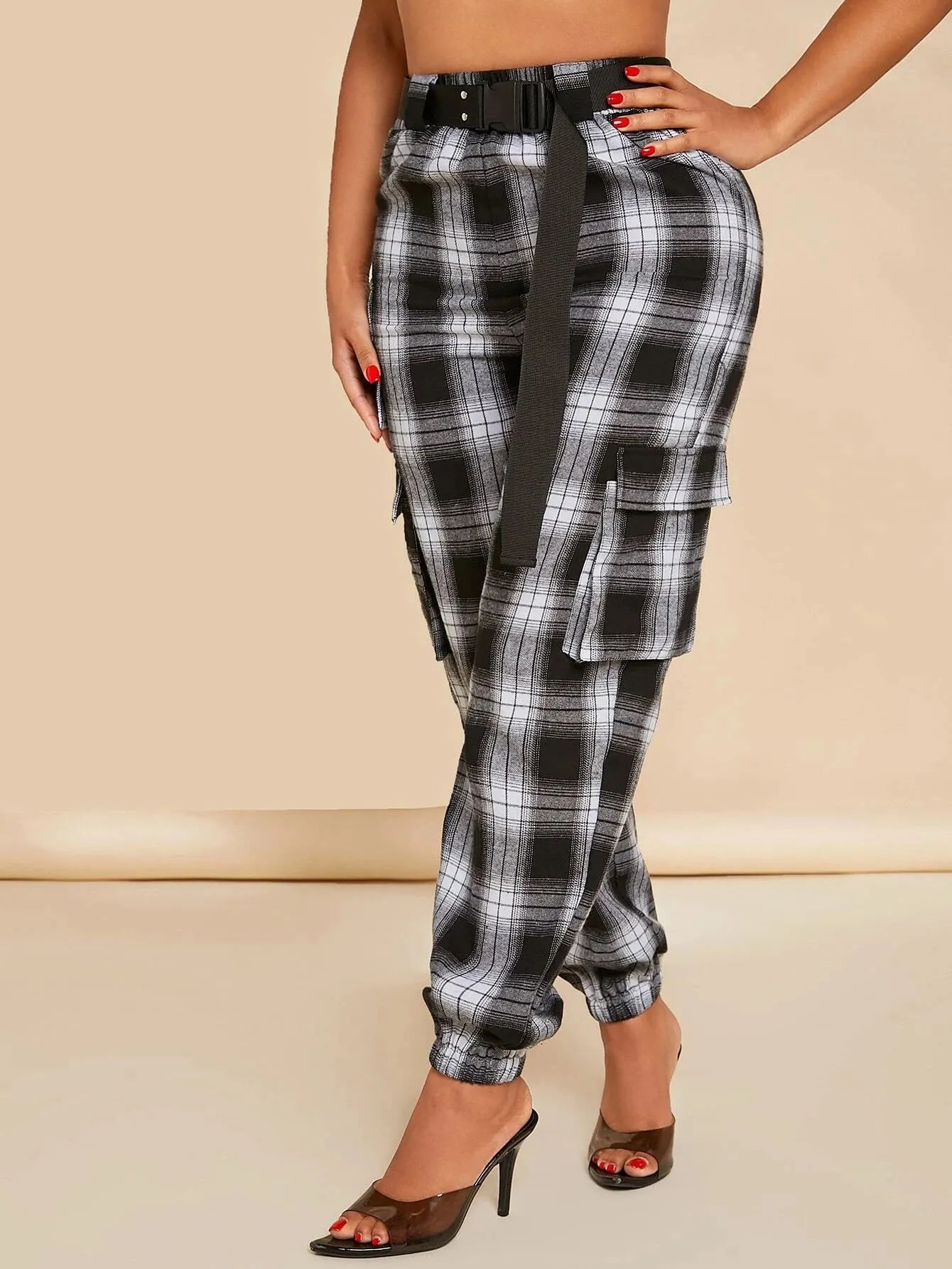 Plaid Print Buckle Belted Cargo Pants