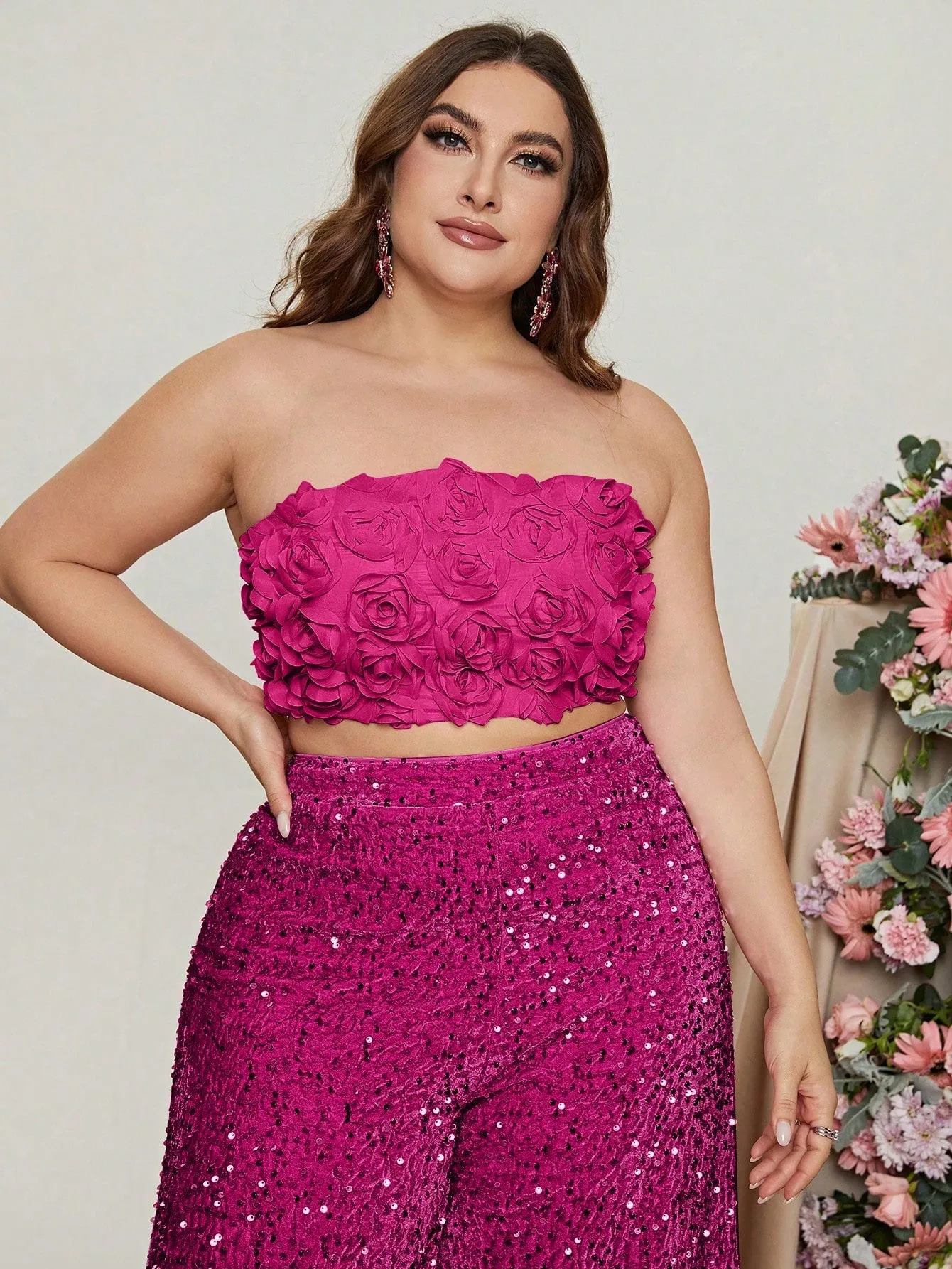 Plus 3D Flowers Tube Top & Sequin Wide Leg Pants