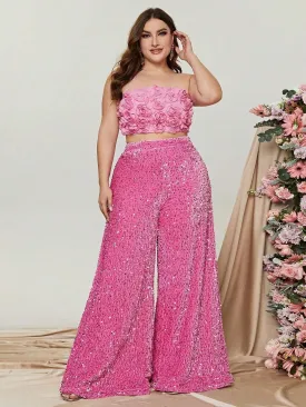 Plus 3D Flowers Tube Top & Sequin Wide Leg Pants