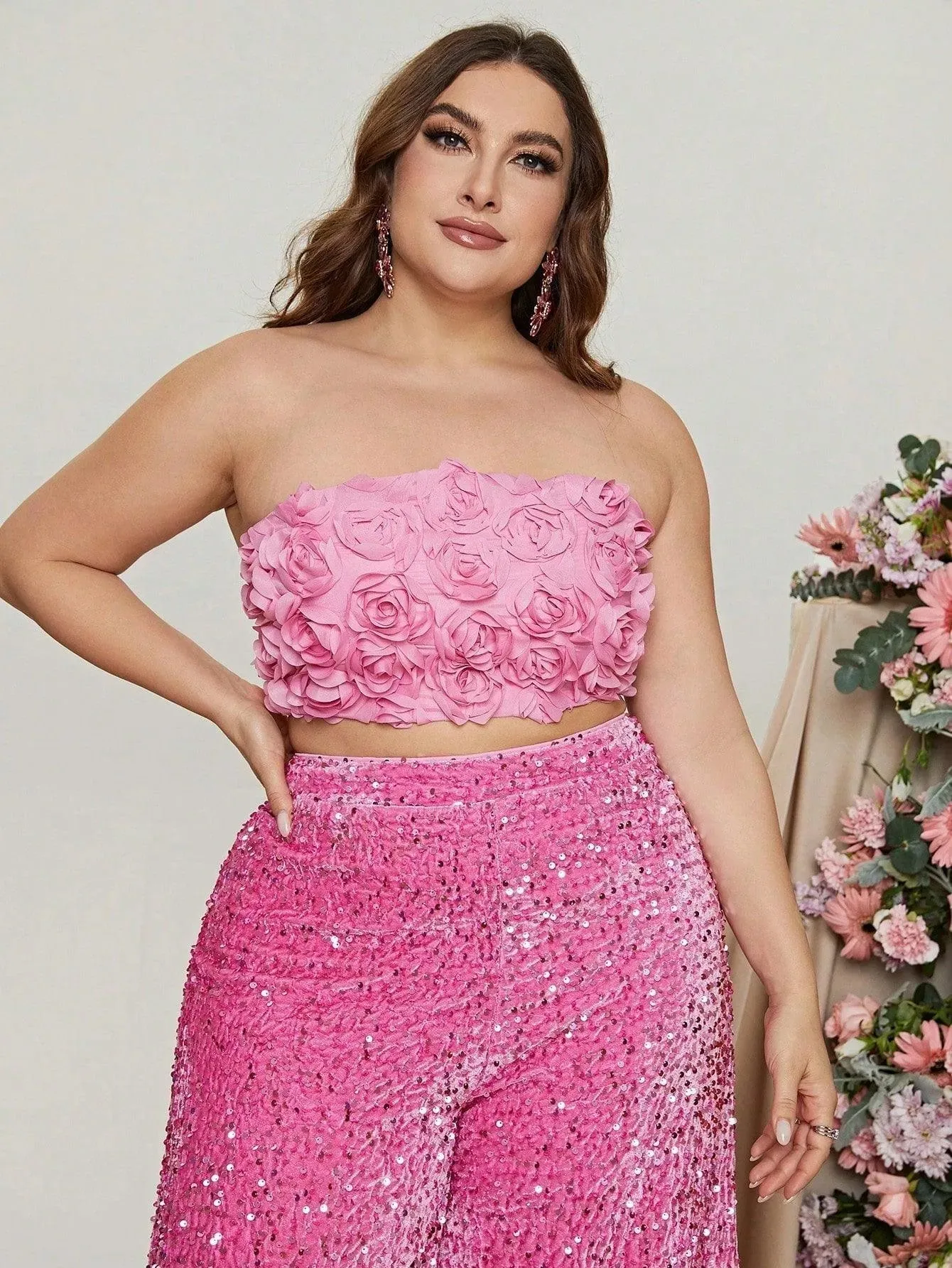 Plus 3D Flowers Tube Top & Sequin Wide Leg Pants