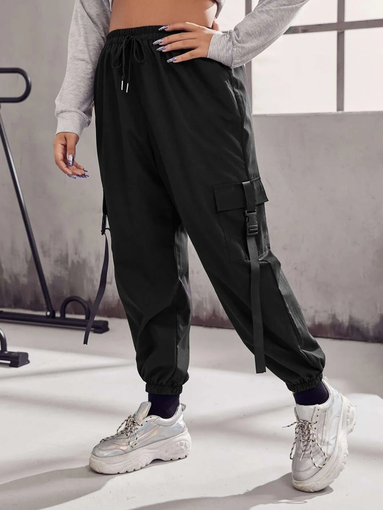 Plus Buckle Tape Flap Pocket Drawstring Waist Cargo Pants