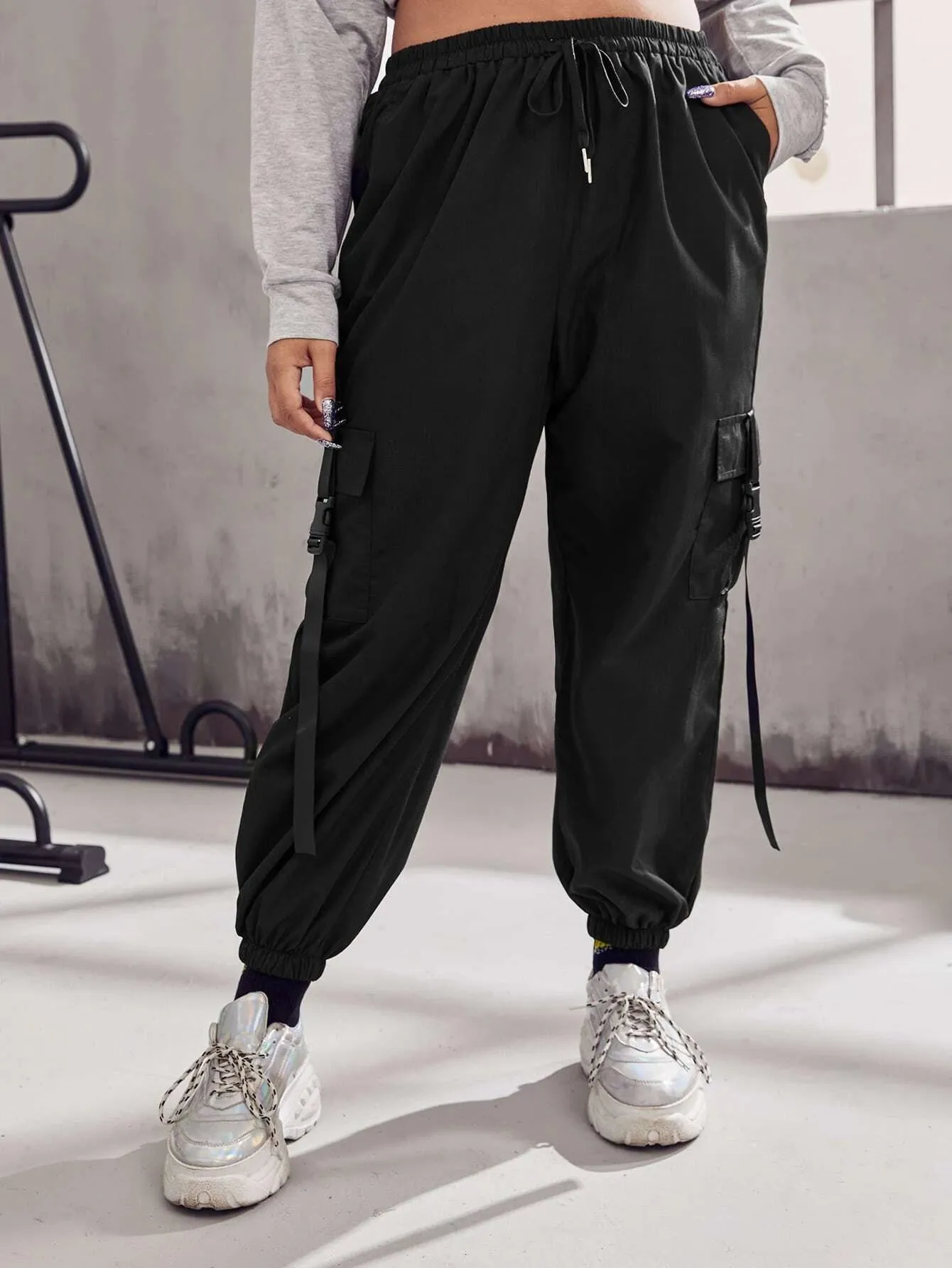 Plus Buckle Tape Flap Pocket Drawstring Waist Cargo Pants