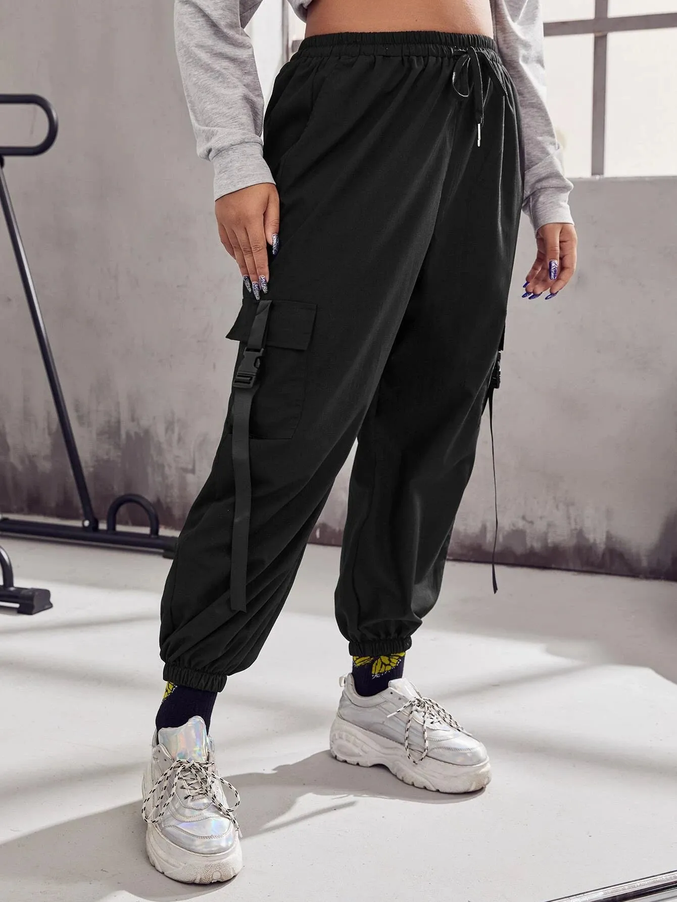 Plus Buckle Tape Flap Pocket Drawstring Waist Cargo Pants