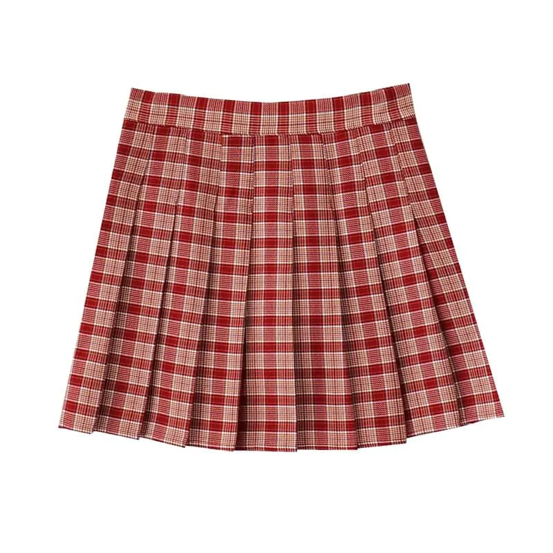 [Plus size] Chic girl red cherry plaid A-line pleated skirt