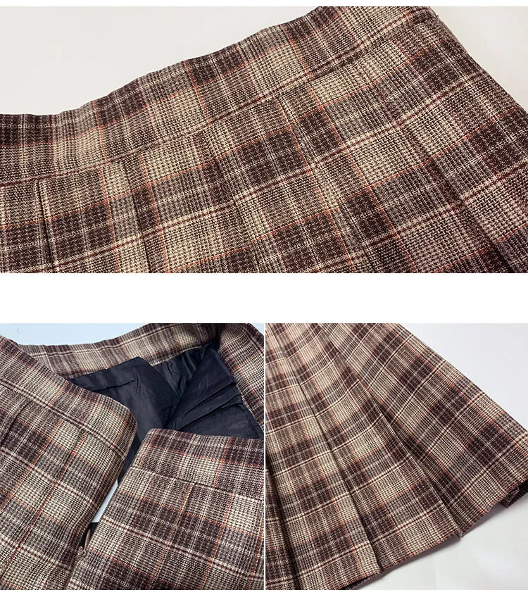 [Plus size] Retro coffee plaid A-line pleated skirt