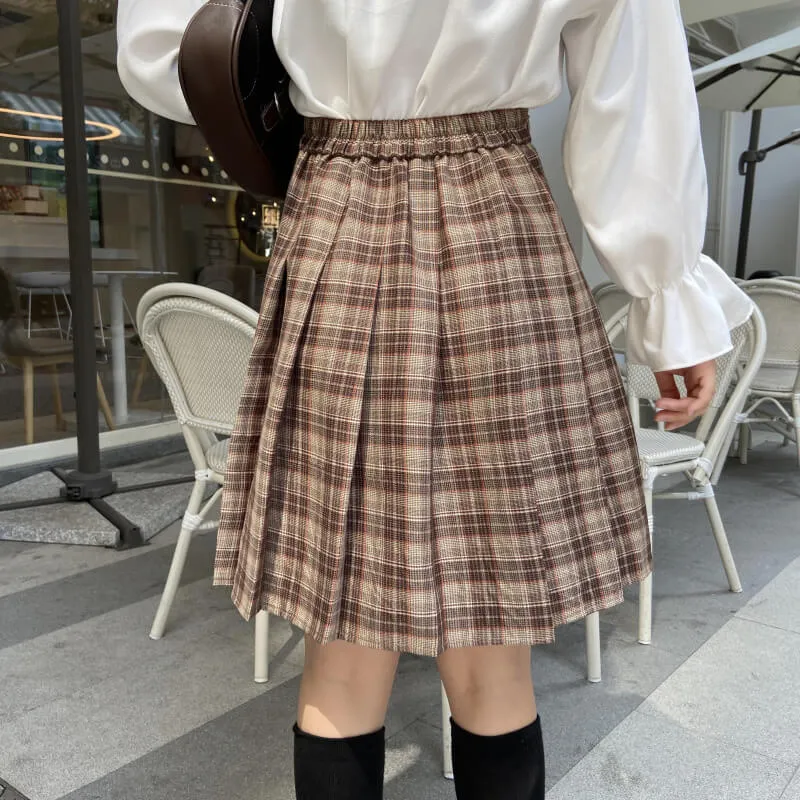 [Plus size] Retro coffee plaid A-line pleated skirt