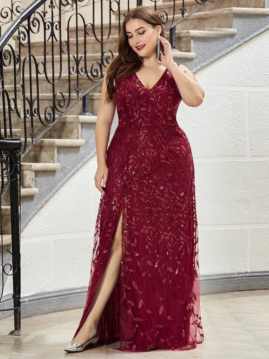 Plus Size Women's V-Neck Embroidery Side Split Evening Party Maxi Dress