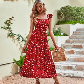 Polka Dot Square Neck Ruffle Midi Casual Dress