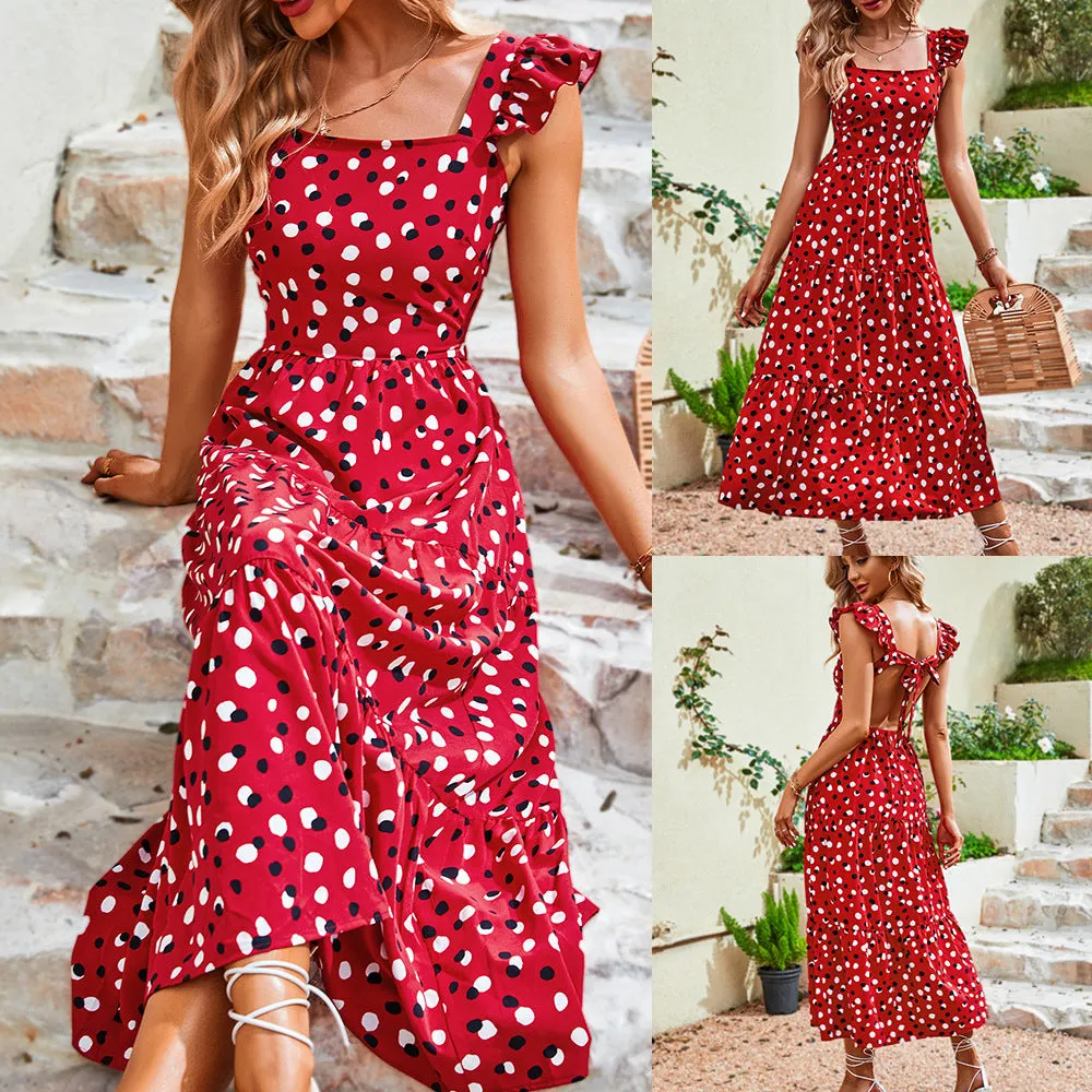 Polka Dot Square Neck Ruffle Midi Casual Dress