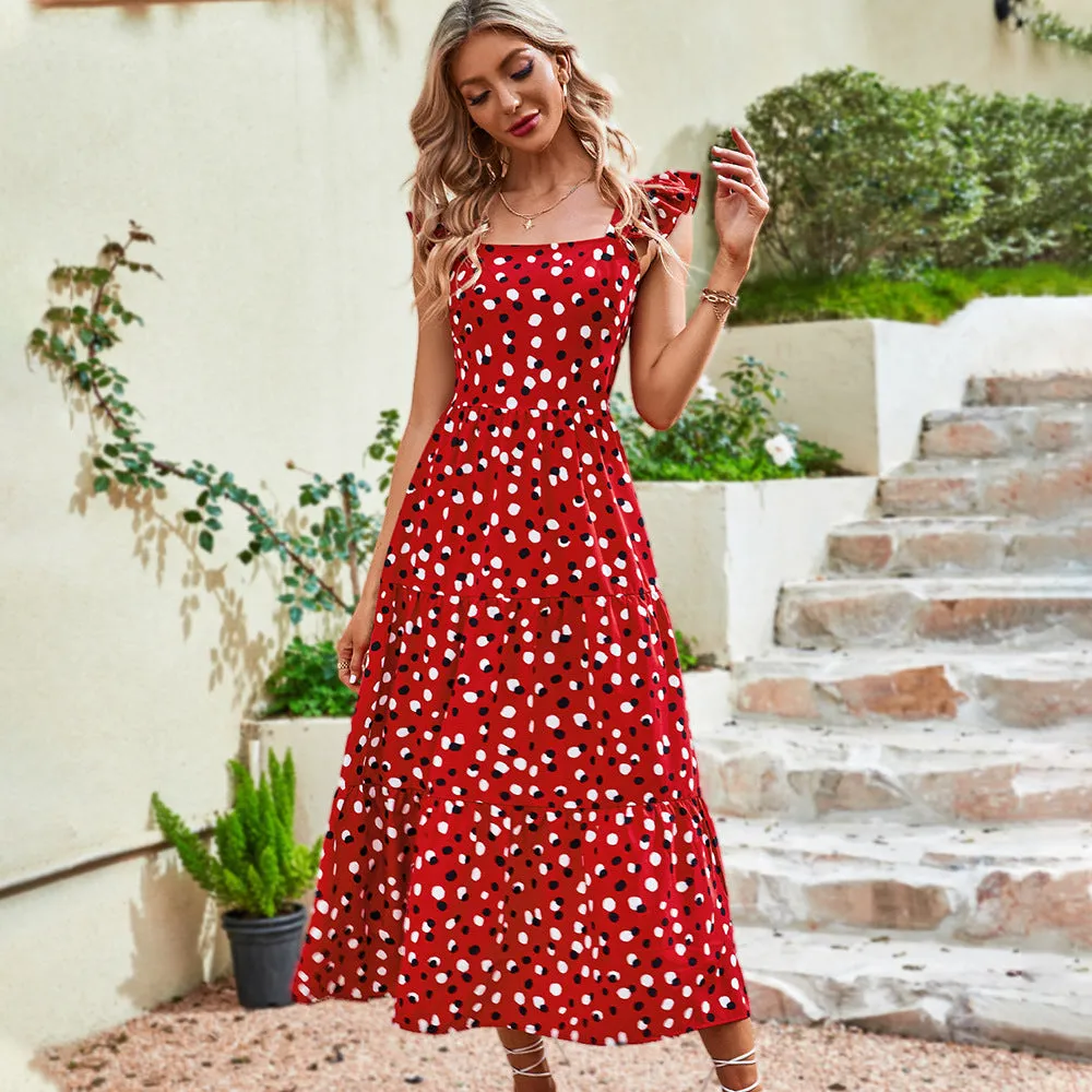 Polka Dot Square Neck Ruffle Midi Casual Dress