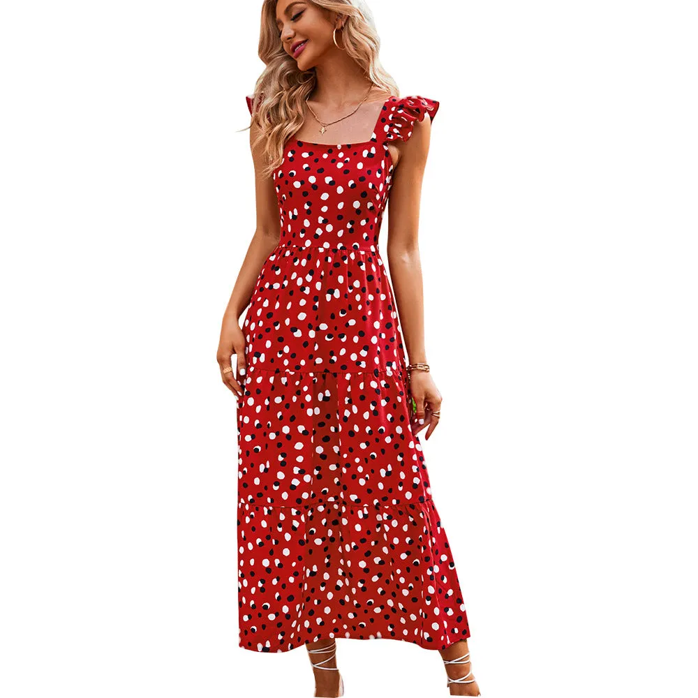 Polka Dot Square Neck Ruffle Midi Casual Dress