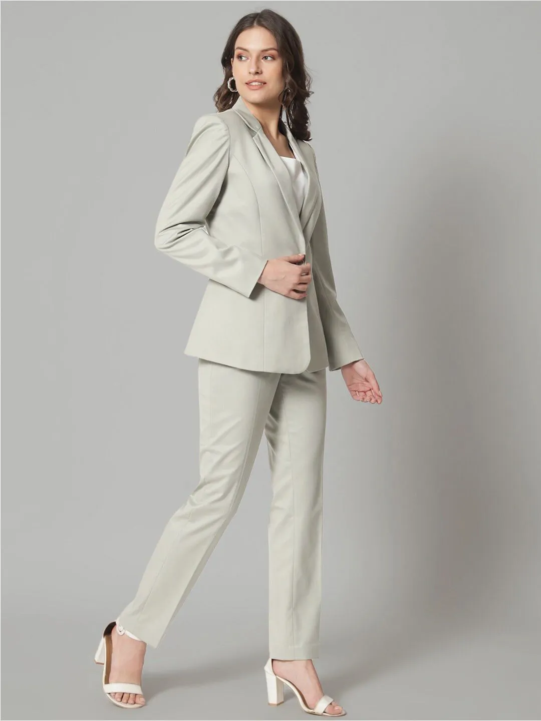 Poly Cotton Notch Collar Pant Suit - Sage Green