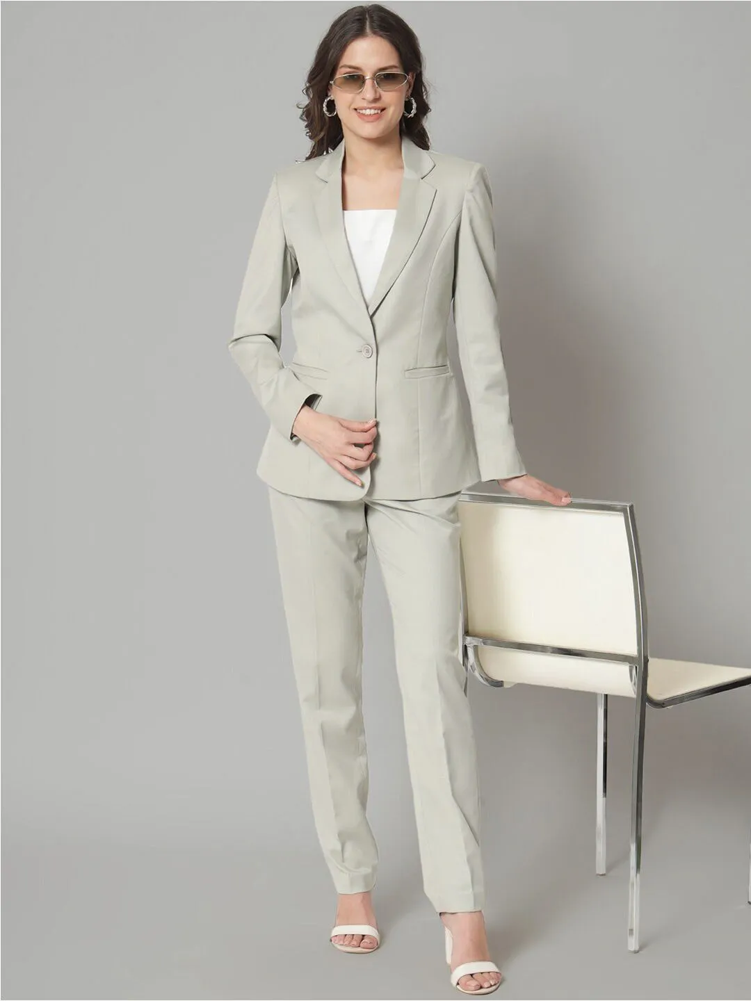 Poly Cotton Notch Collar Pant Suit - Sage Green