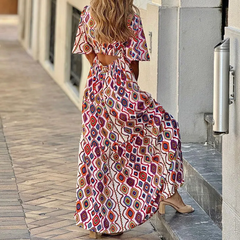 Printed V-neck Bohemian Midi Dress