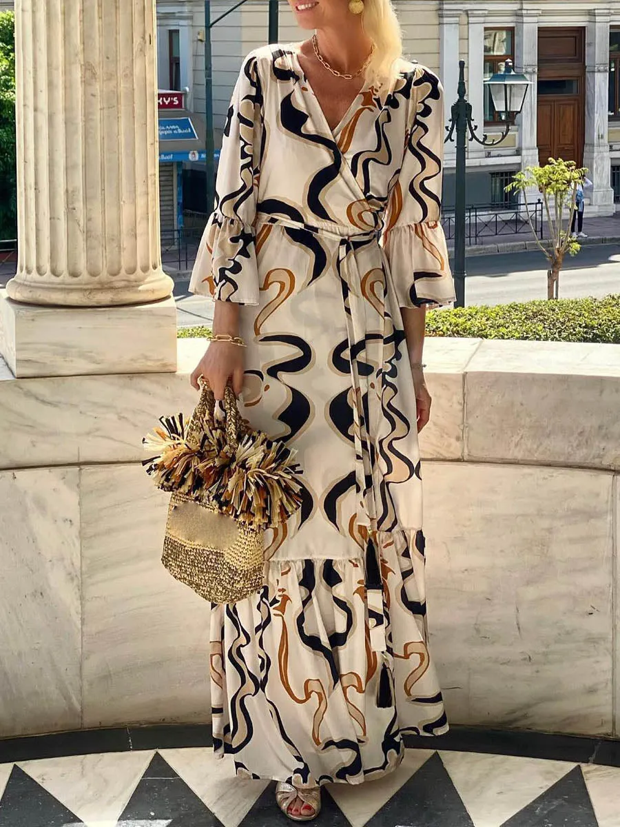 Printed V Neck Wrap Dress