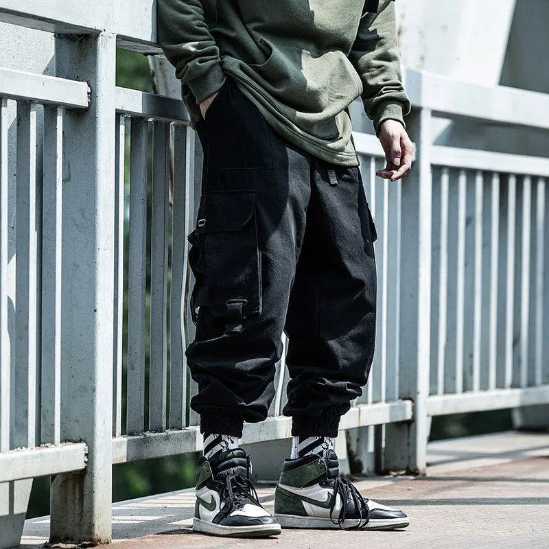 Prowow 2021 Spring Autumn New Men Hip-Hop Style Sports Pants Black Harem Overalls with Multi-pocket Ribbon Casual Streetwear