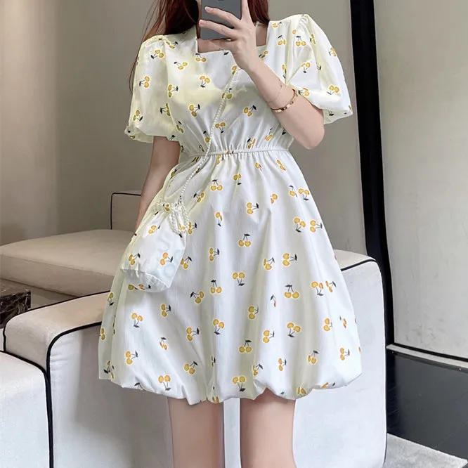 Puff Sleeve Waist Neck Square Neck Floral Dress