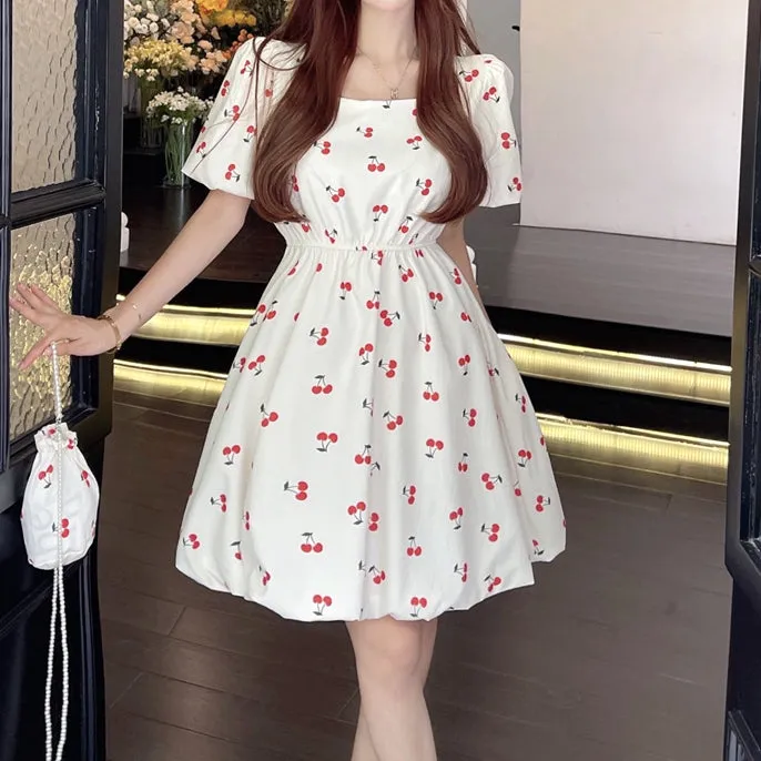 Puff Sleeve Waist Neck Square Neck Floral Dress