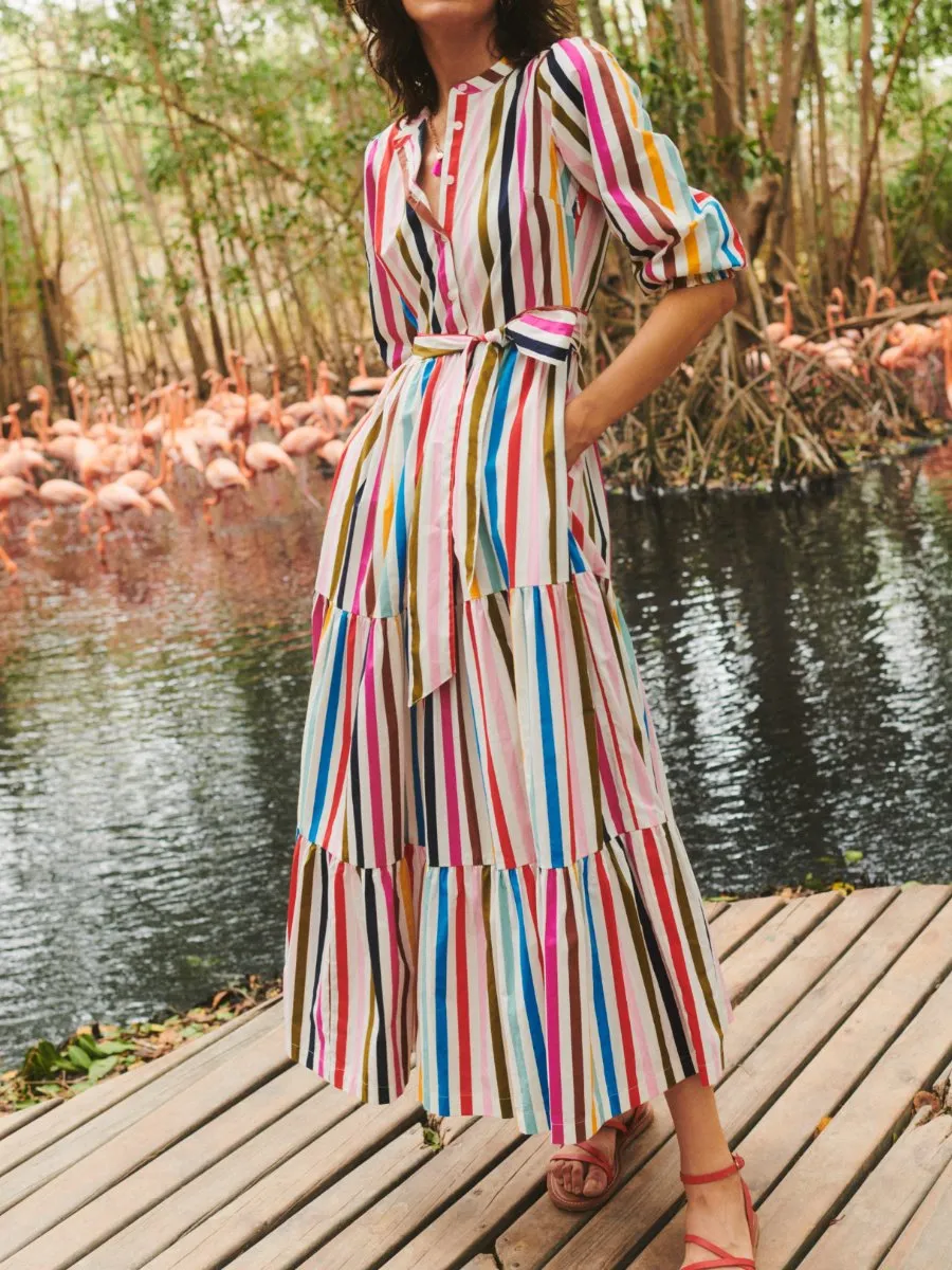 Rainbow Print Lace Up Maxi Dress