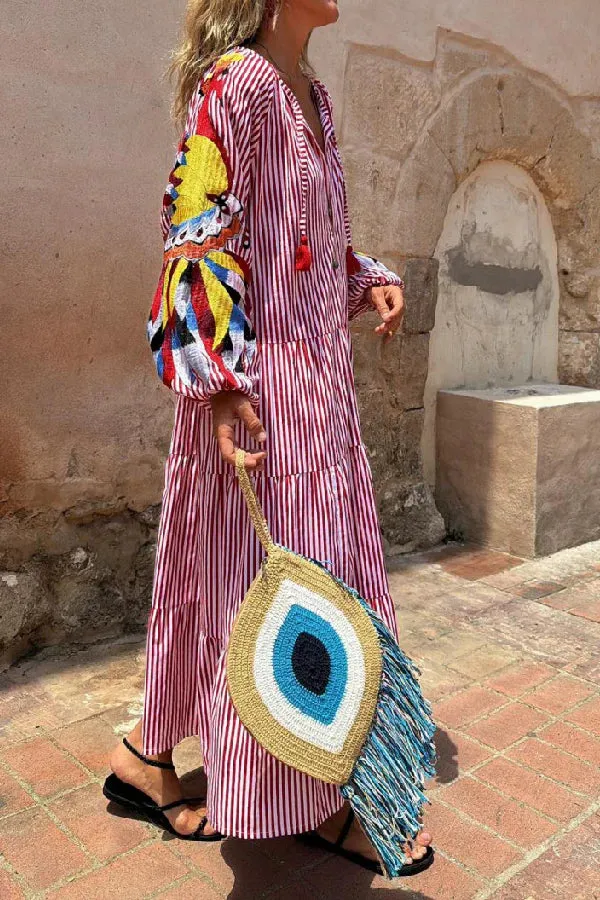 Red and white striped print long dress