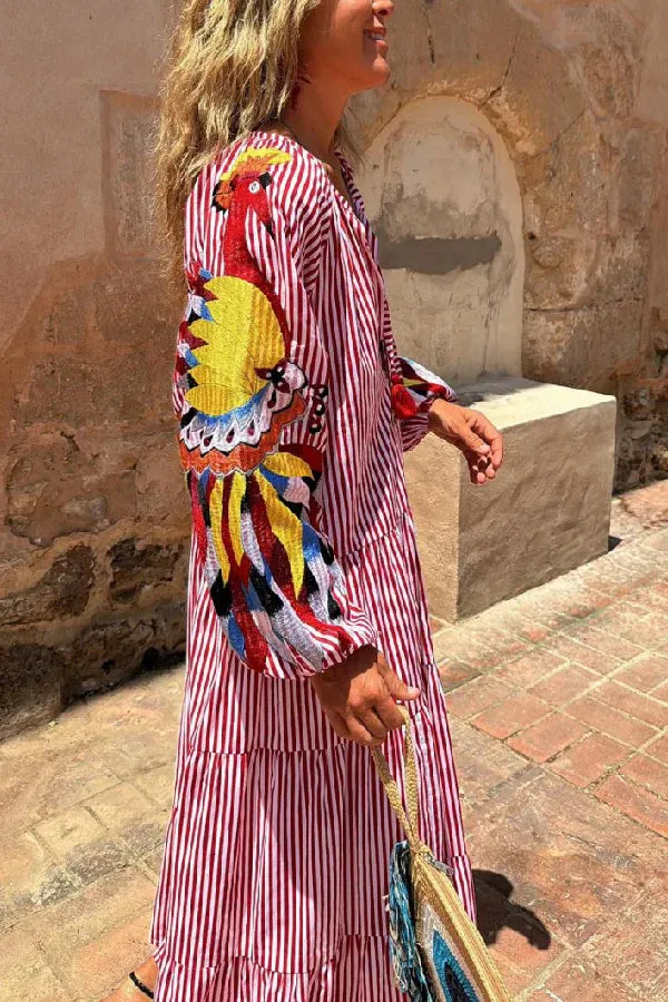 Red and white striped print long dress