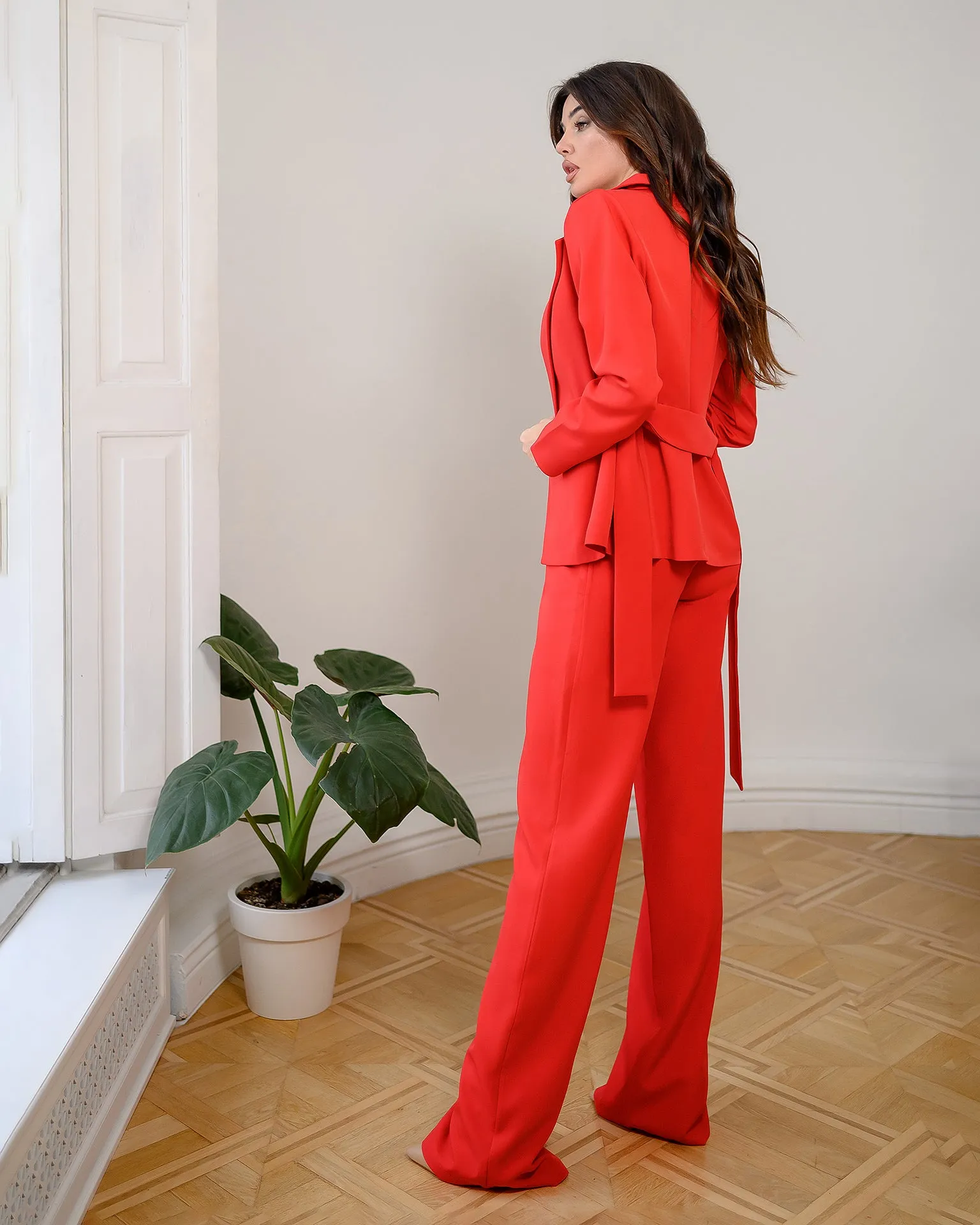 Red Belted Wide-Leg Suit 3-Piece