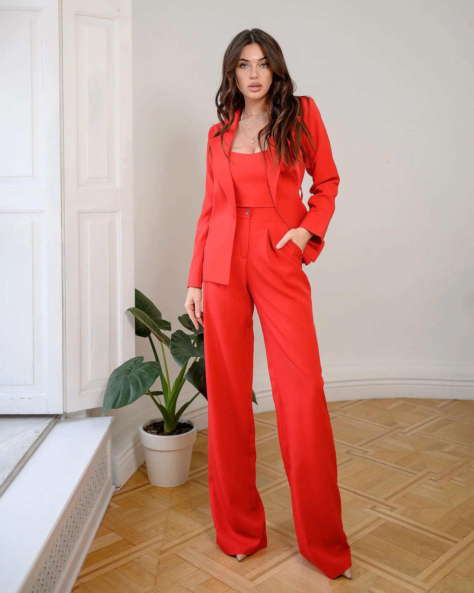 Red Belted Wide-Leg Suit 3-Piece