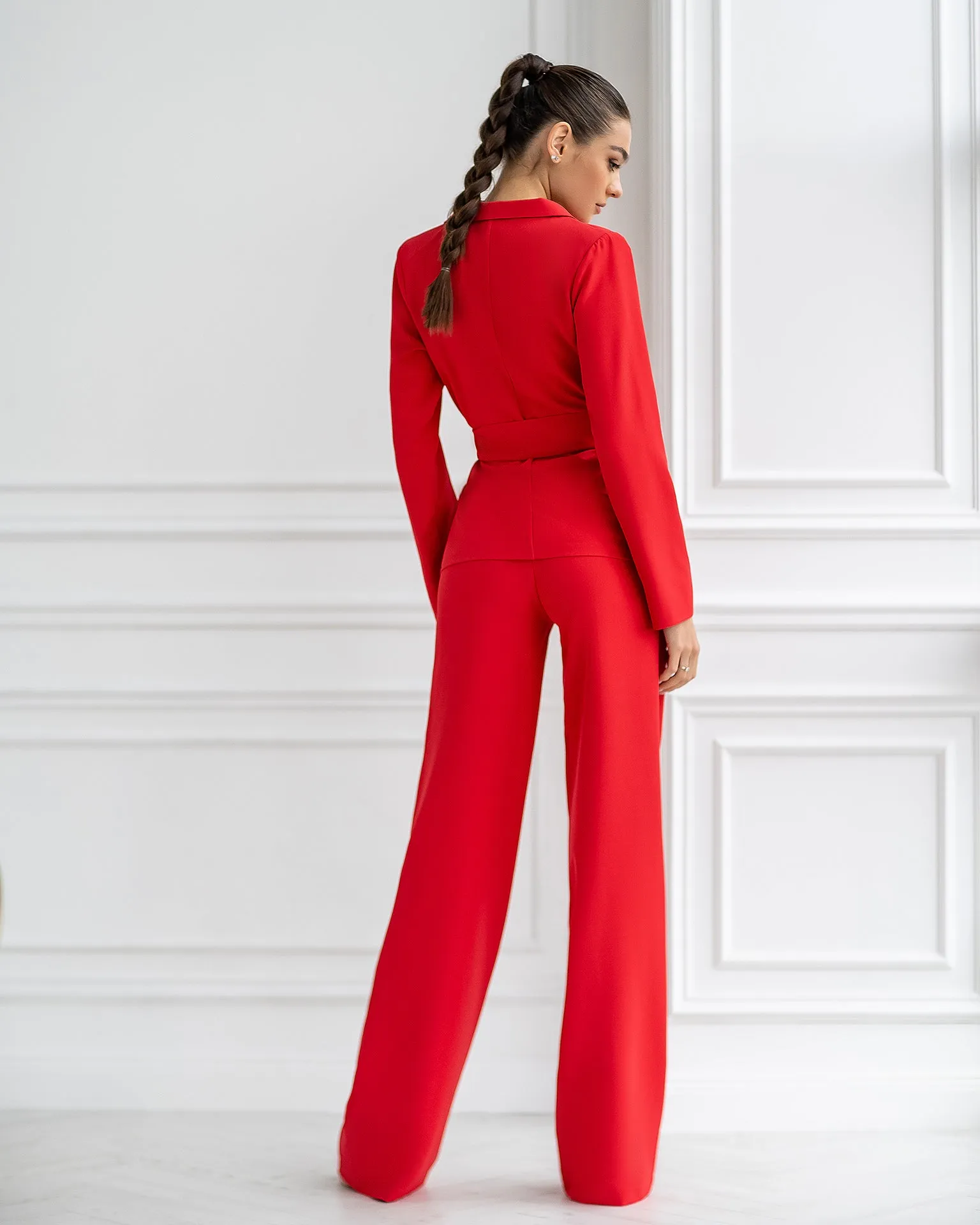 Red Belted Wide-Leg Suit 3-Piece