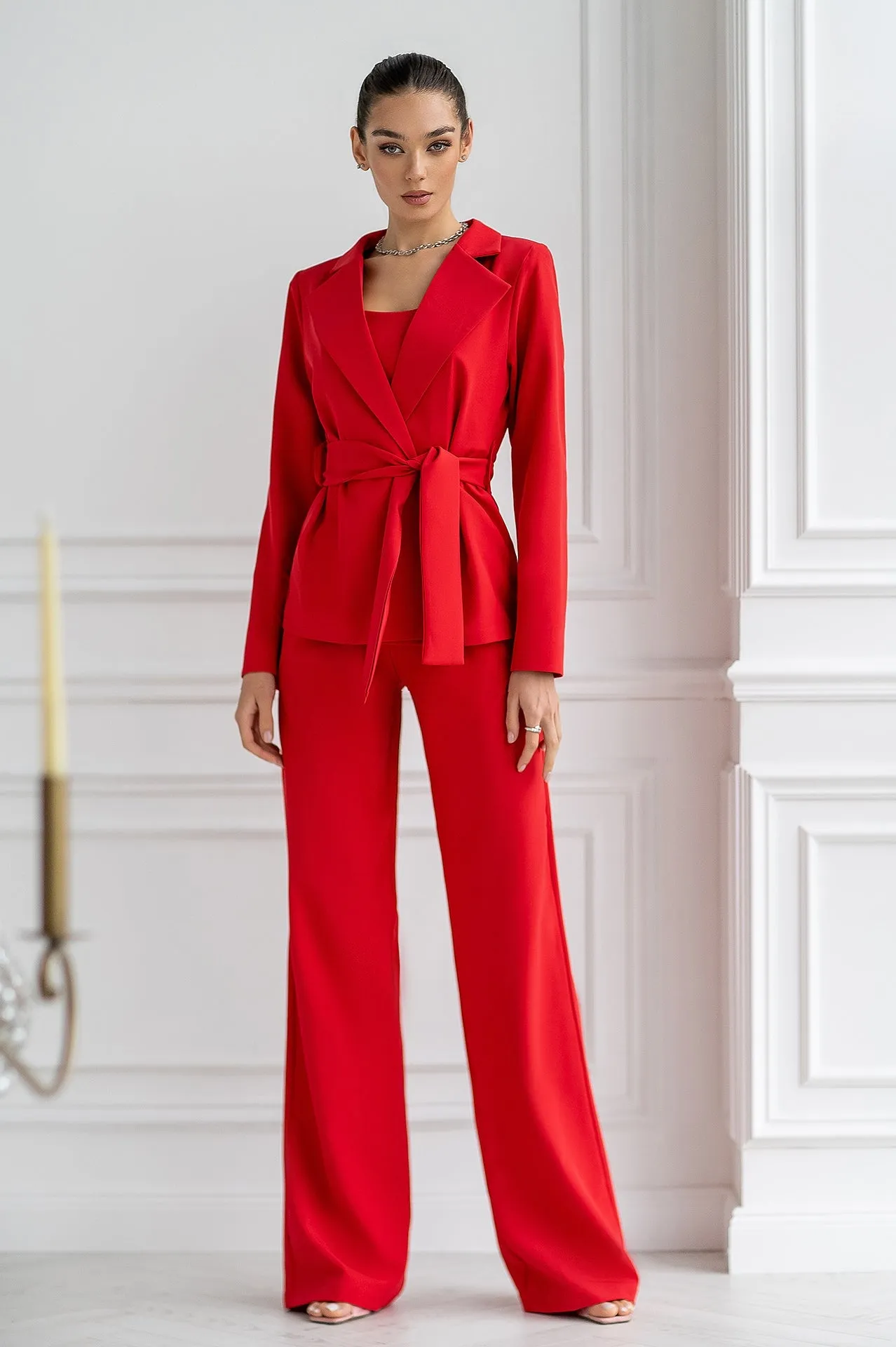 Red Belted Wide-Leg Suit 3-Piece