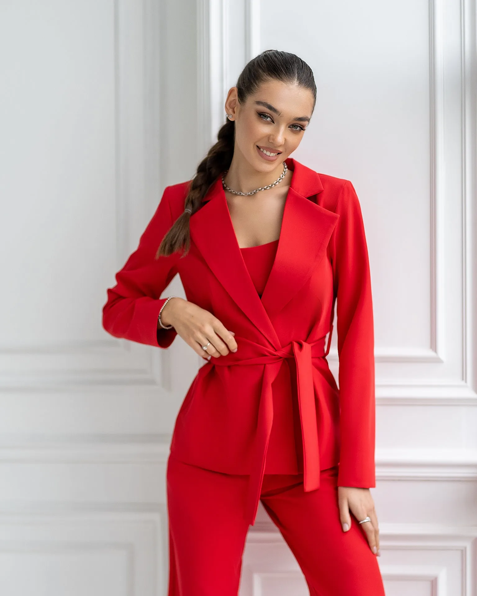 Red Belted Wide-Leg Suit 3-Piece