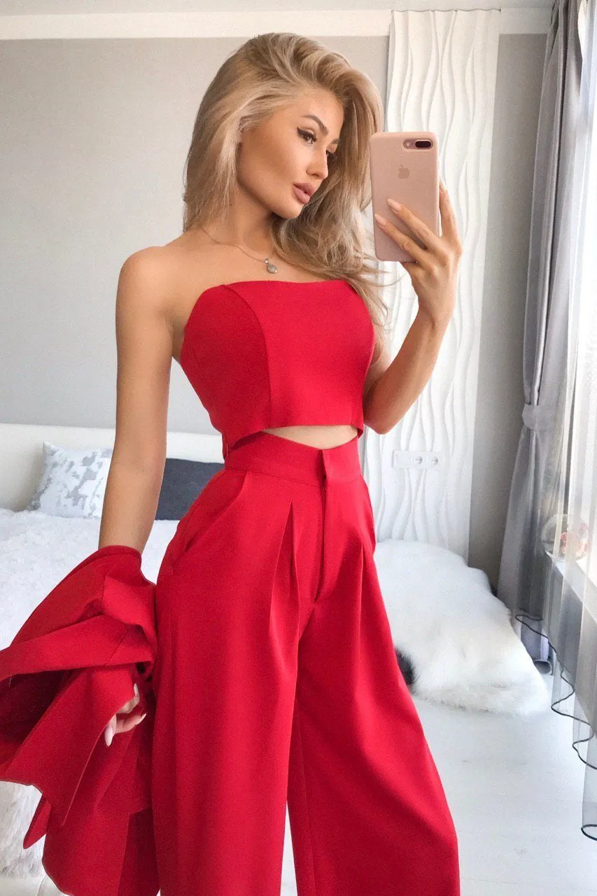 Red Belted Wide-Leg Suit 3-Piece