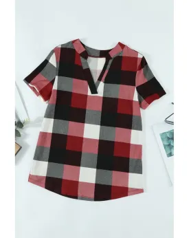 Red Plaid Pattern V Neck Short Sleeve Top