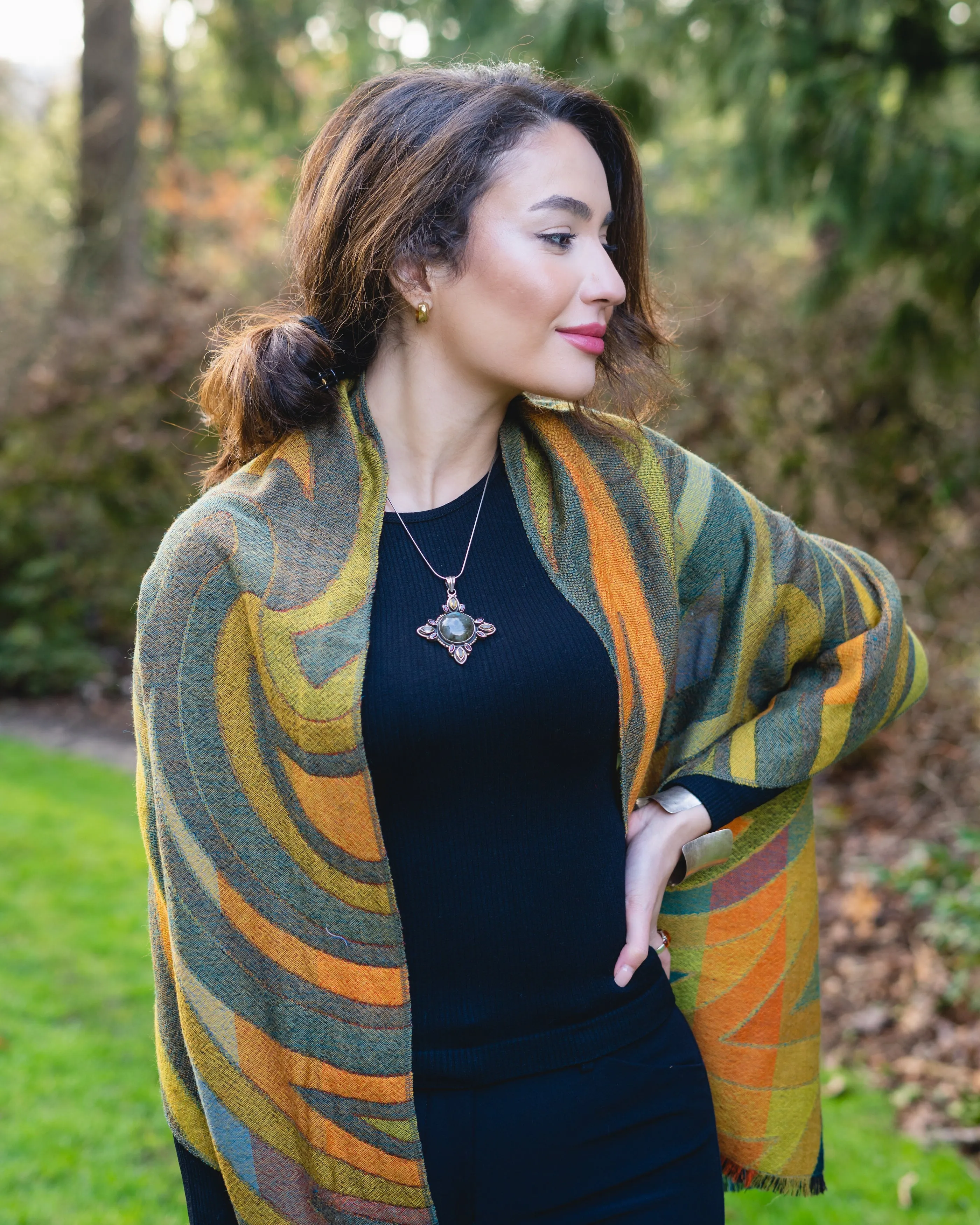 Reversible Boiled Merino Wool Shawl/Poncho/Wrap in Citron Color