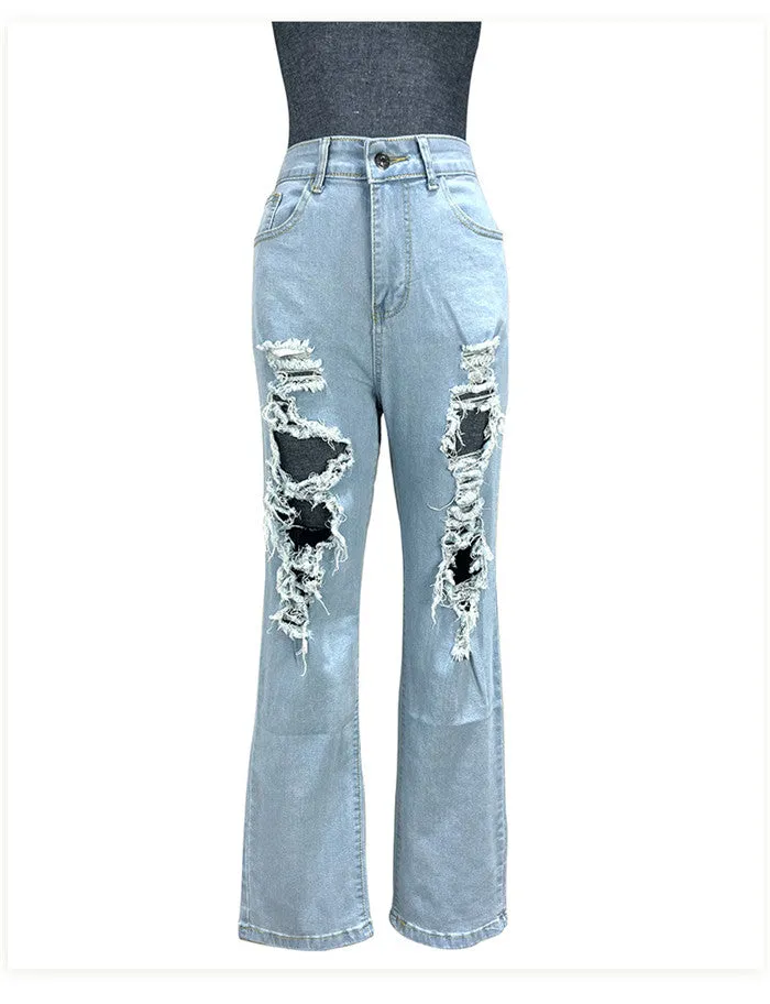 Ripped blue bell bottom jeans