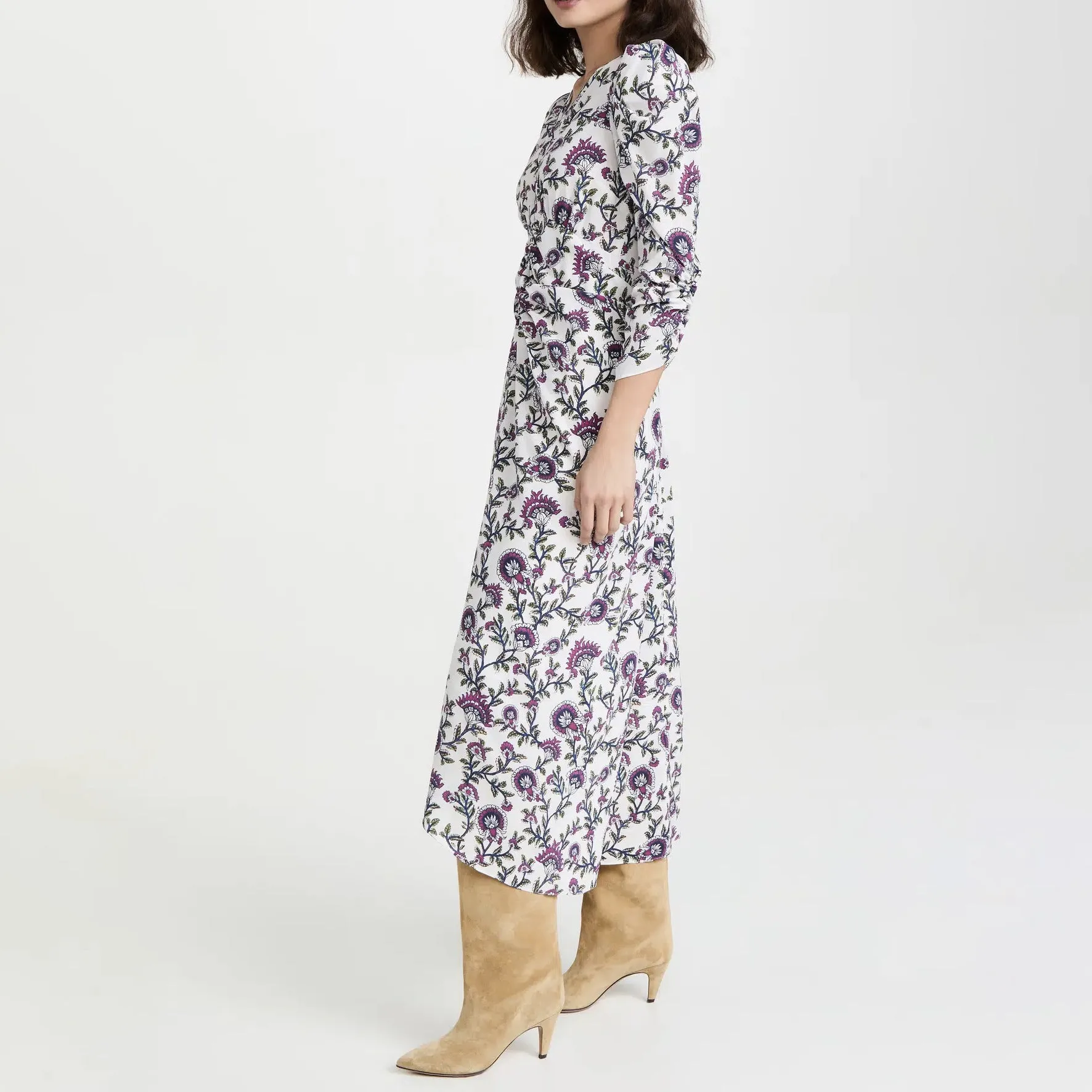 Ruched Long Sleeve Midi Casual Dress