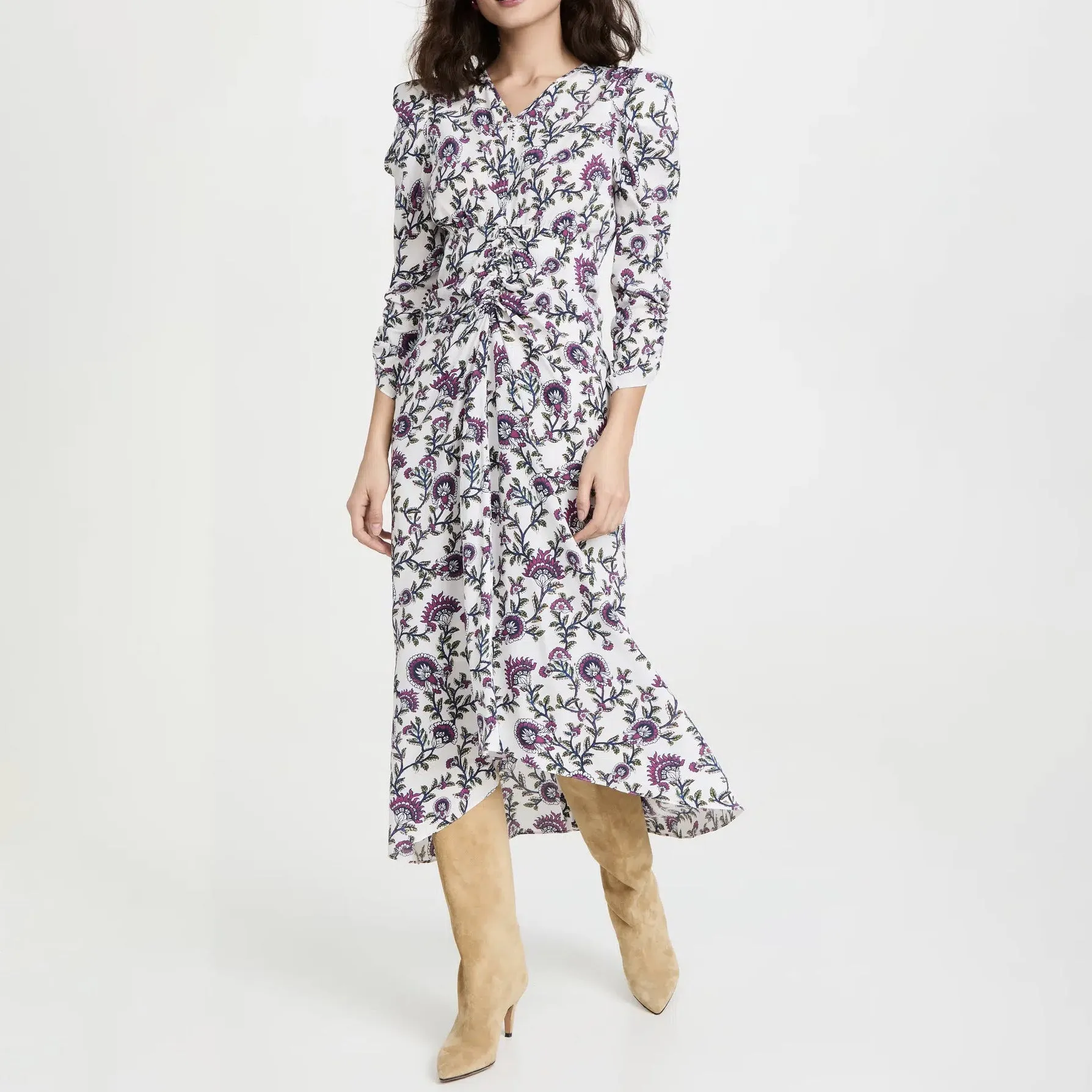 Ruched Long Sleeve Midi Casual Dress