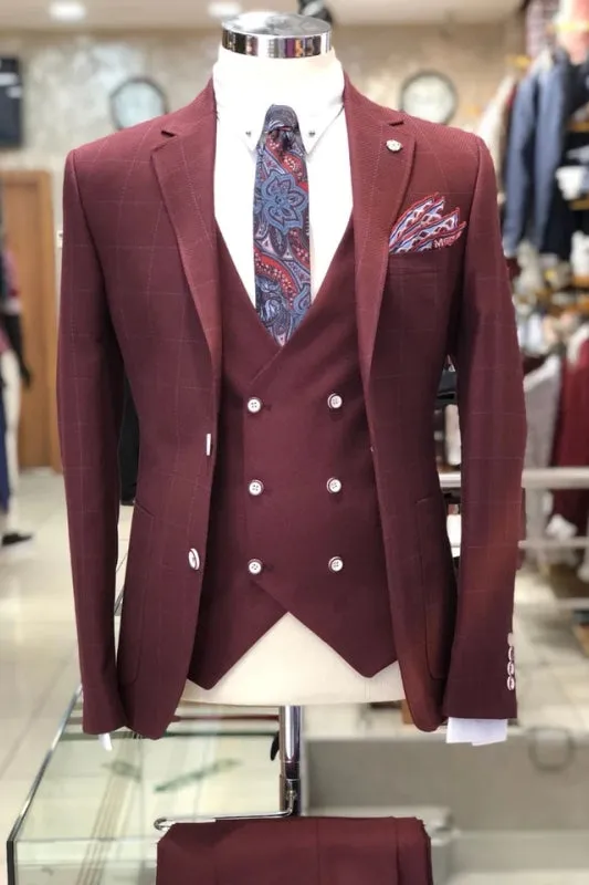 Rudolf Burgundy Plaid Bespoke Notched Lapel Three-Piece Business Suit