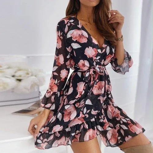 Ruffle Chiffon Floral Printed V-Neck A-Line Mini Dress