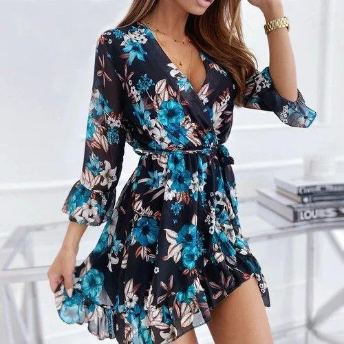 Ruffle Chiffon Floral Printed V-Neck A-Line Mini Dress