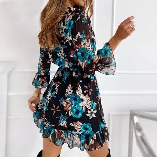 Ruffle Chiffon Floral Printed V-Neck A-Line Mini Dress