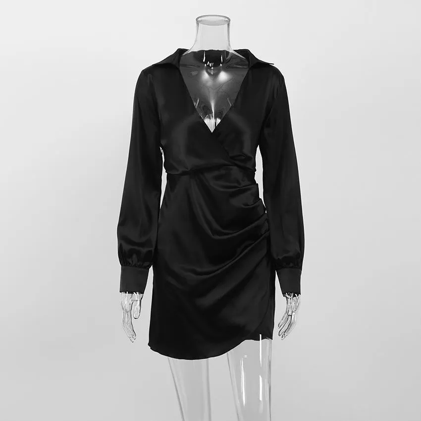 Satin Long Sleeve Deep V Neck Slim Short A Line Casual Dress