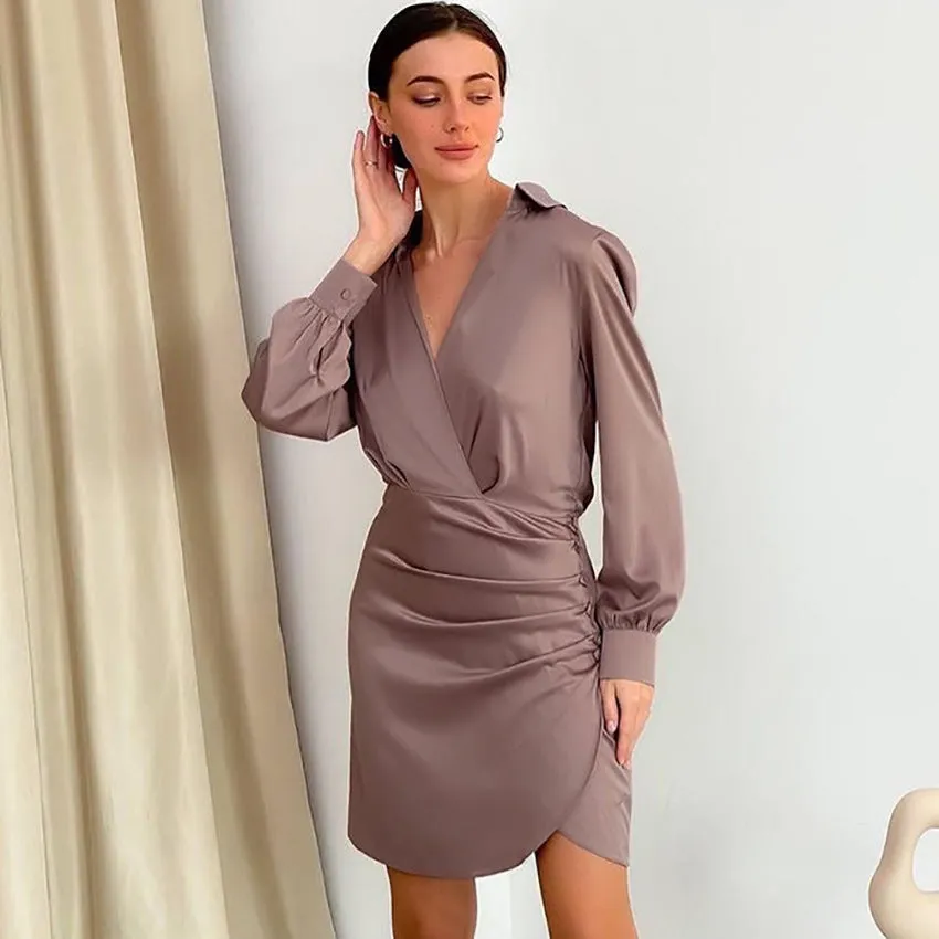 Satin Long Sleeve Deep V Neck Slim Short A Line Casual Dress