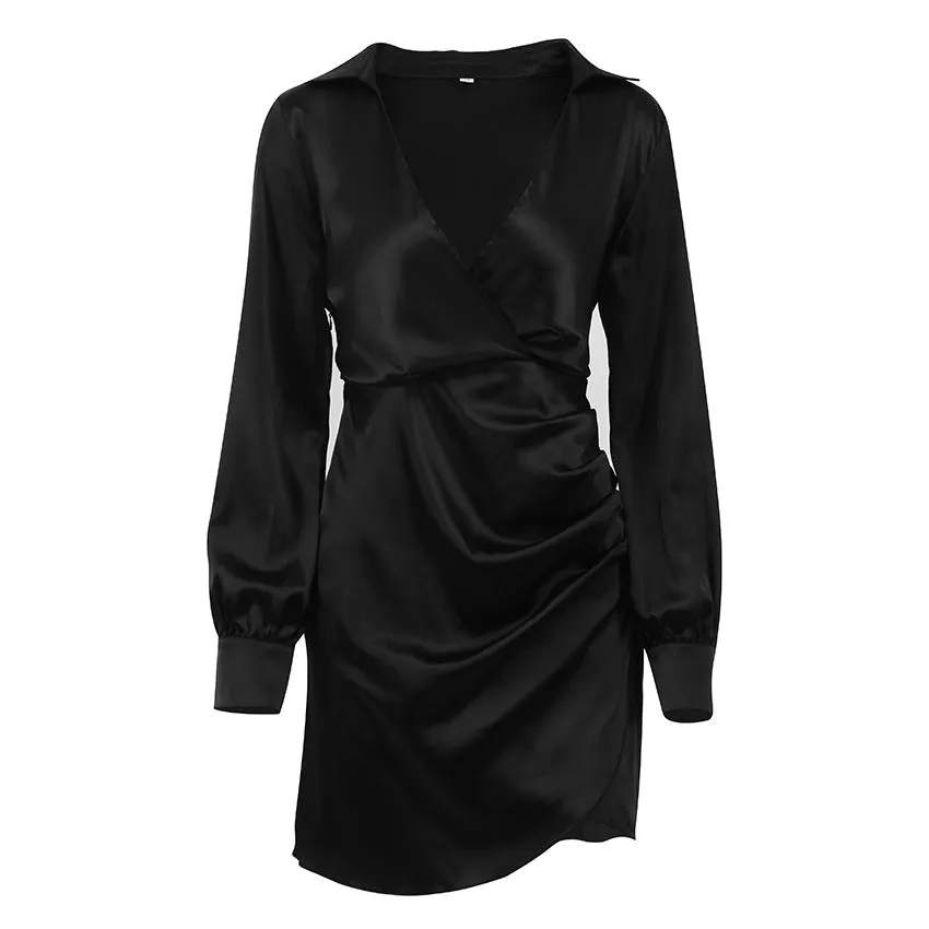 Satin Long Sleeve Deep V Neck Slim Short A Line Casual Dress