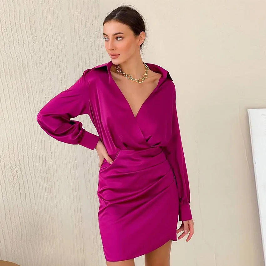 Satin Long Sleeve Deep V Neck Slim Short A Line Casual Dress